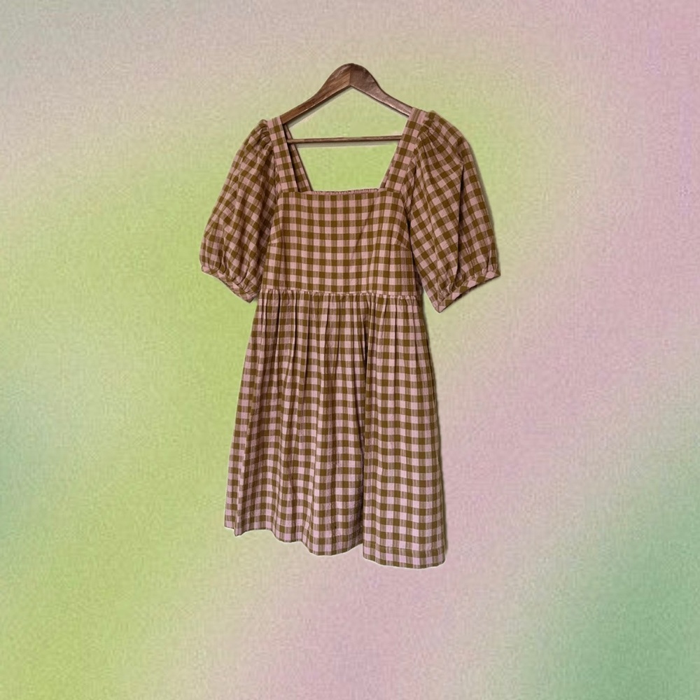 Madewell Pink and Olive Green Gingham Plaid Mini Babydoll Puff Sleeve Dress